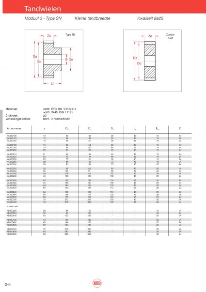 Tandwielen moduul 3 type SN (kleine tandbreedte)