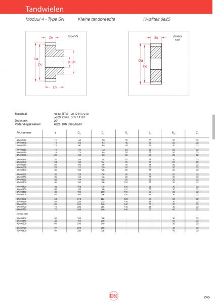 Tandwielen moduul 4 type SN (kleine tandbreedte)